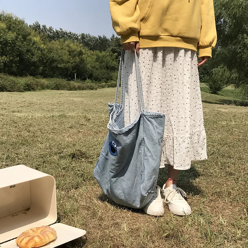 Embroidery Lady Handbag Denim Shopping Tote Classic Style Women's Shoulder Bag