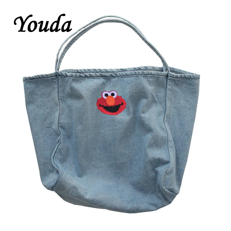 Embroidery Lady Handbag Denim Shopping Tote Classic Style Women's Shoulder Bag