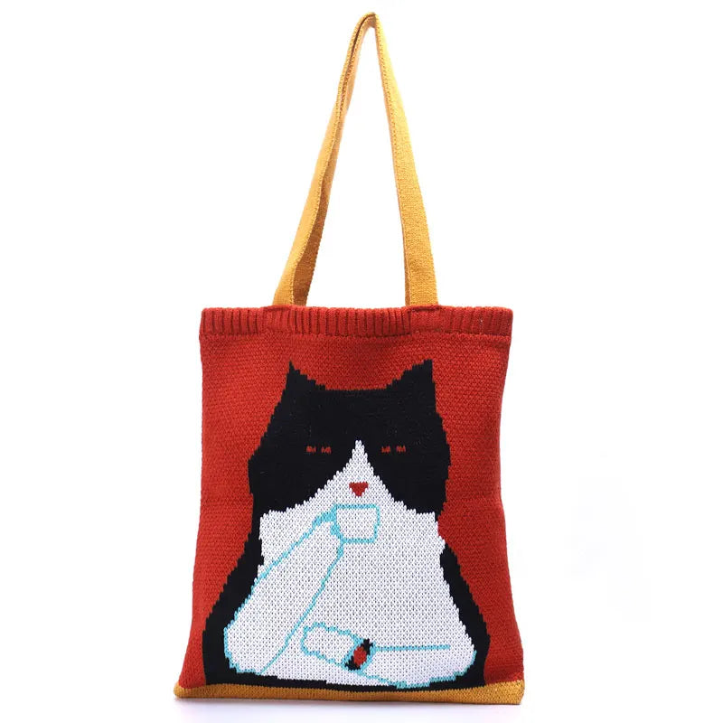 Women Knitted Cat Shoulder Bag Large Capacity Handbag