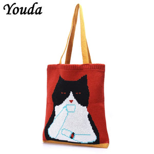 Women Knitted Cat Shoulder Bag Large Capacity Handbag