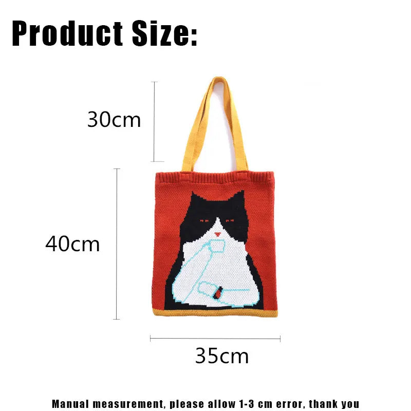 Women Knitted Cat Shoulder Bag Large Capacity Handbag