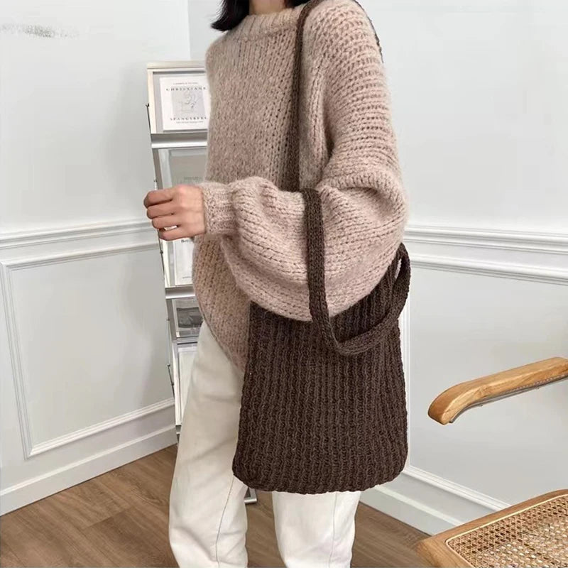 Youda Ins Woven Tote Bag Women Literary Shoulder Handbag