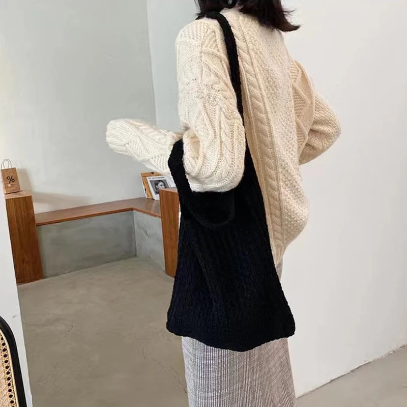 Youda Ins Woven Tote Bag Women Literary Shoulder Handbag