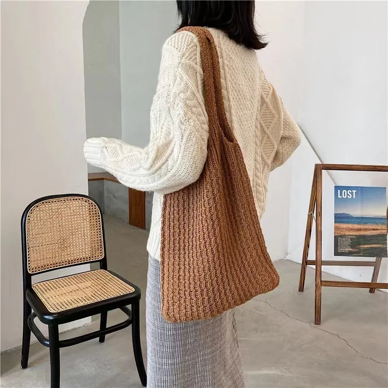 Youda Ins Woven Tote Bag Women Literary Shoulder Handbag