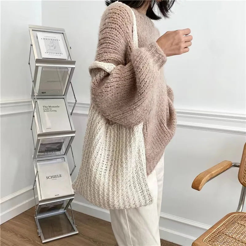 Youda Ins Woven Tote Bag Women Literary Shoulder Handbag