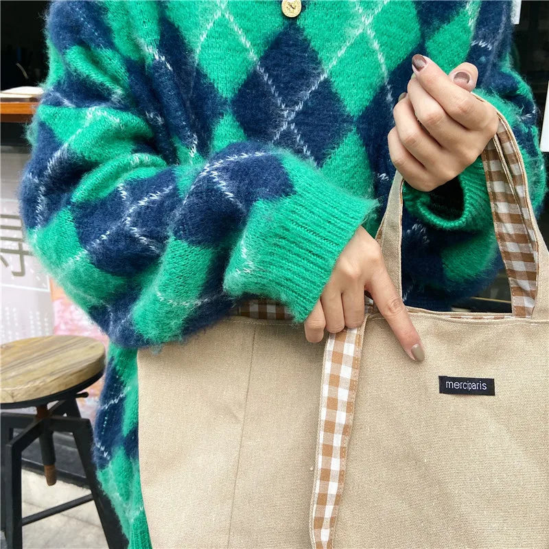 Lattice Double-sided Shoulder Bag Student Book Shopping Handbag
