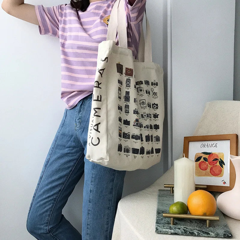 Vintage Canvas Tote Bag Classic Print Women's Shoulder Handbag