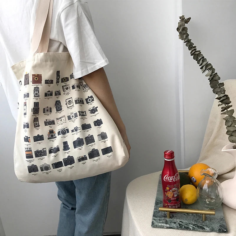 Vintage Canvas Tote Bag Classic Print Women's Shoulder Handbag