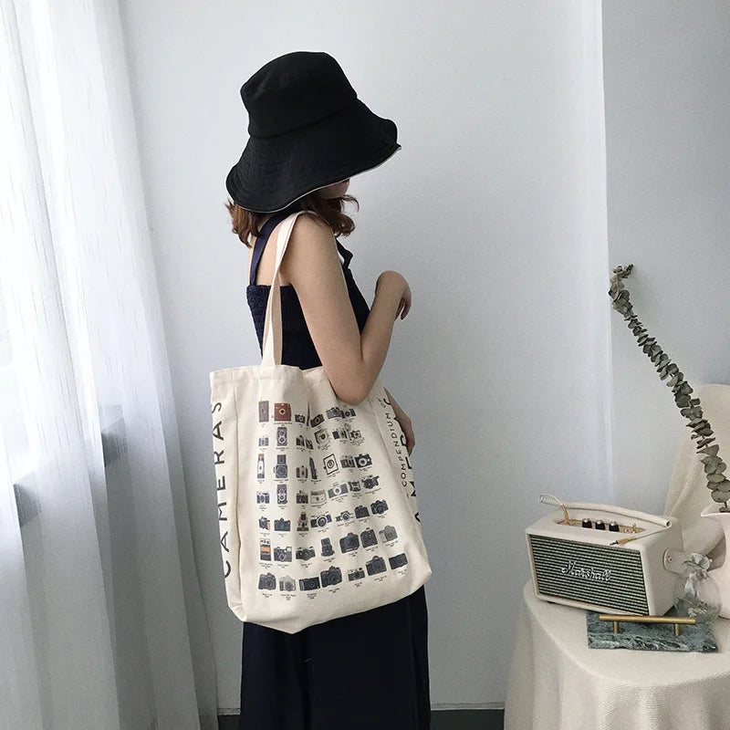 Vintage Canvas Tote Bag Classic Print Women's Shoulder Handbag