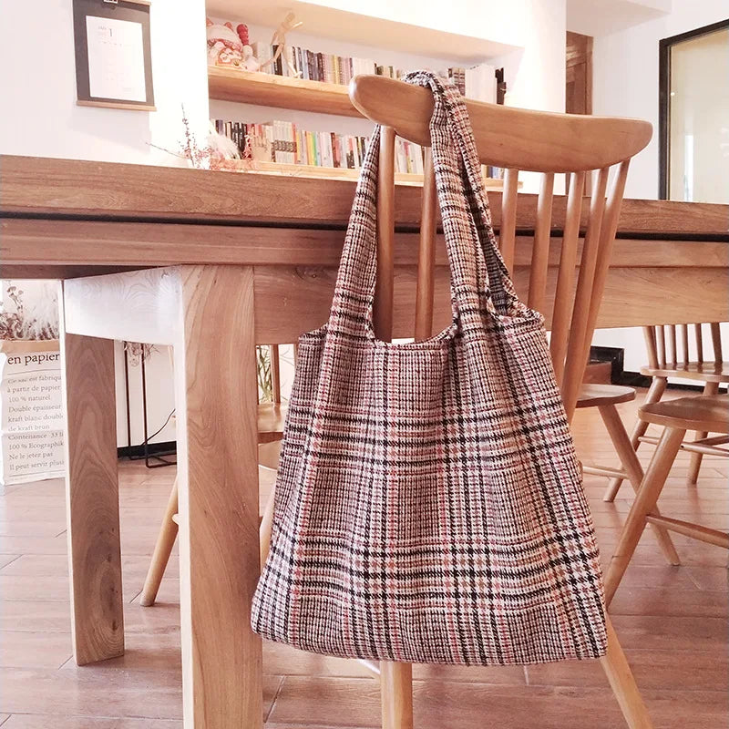 Vintage Winter Thick Tote Shoulder Bag Plaid Girls Student Bookbag