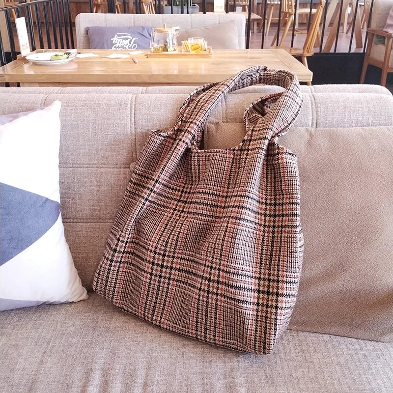 Vintage Winter Thick Tote Shoulder Bag Plaid Girls Student Bookbag