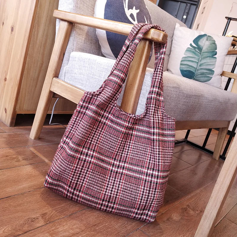 Vintage Winter Thick Tote Shoulder Bag Plaid Girls Student Bookbag