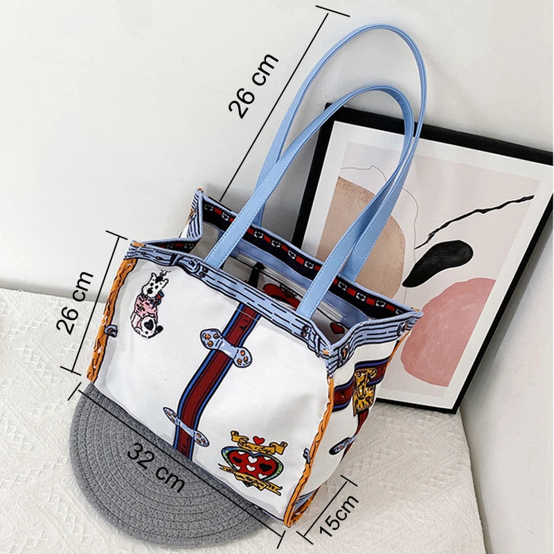 Cartoon Print Canvas Shoulder Bag for Women