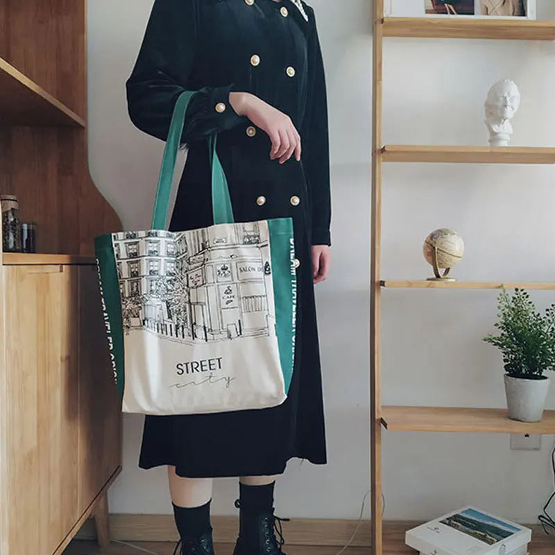 Women Canvas Shoulder Bag Iron Tower Print Ladies Shopping Bags