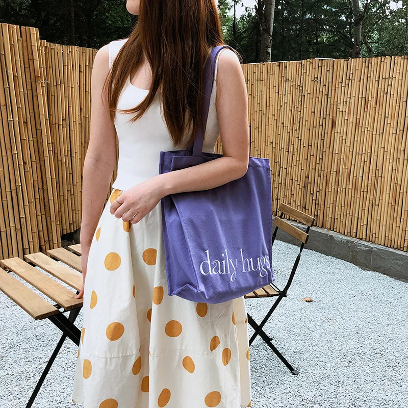 Canvas Shoulder Bag Letters Embroidery Eco Cotton Linen Handbag Tote