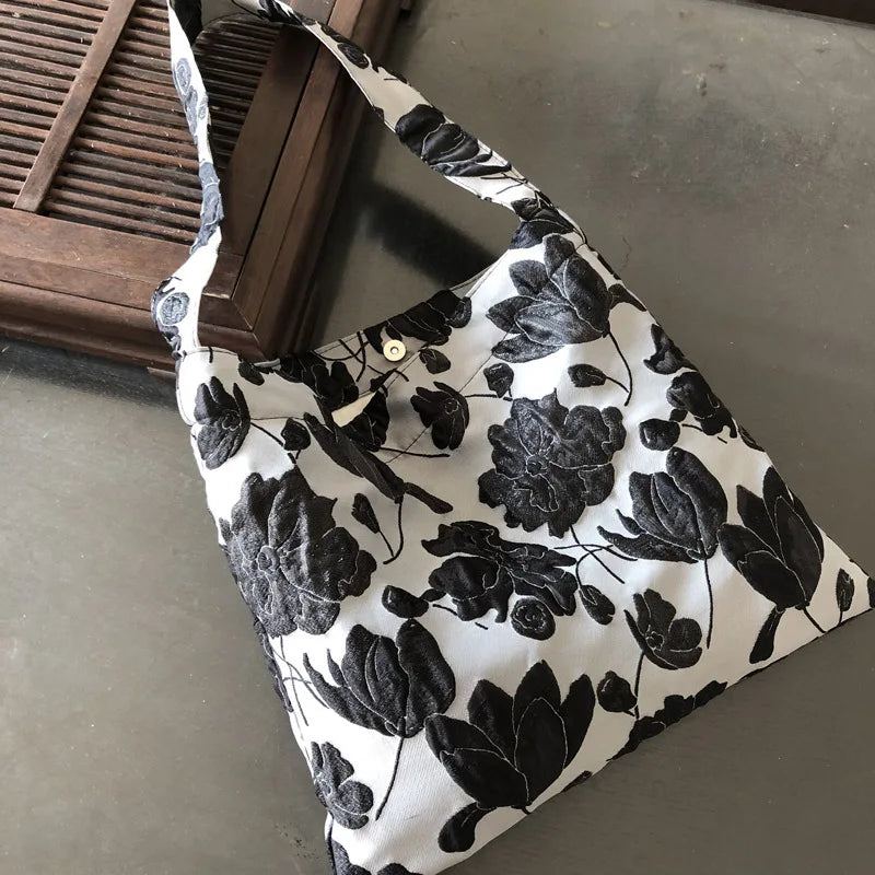 Gray Retro Flower All-match Shoulder Bag for Women