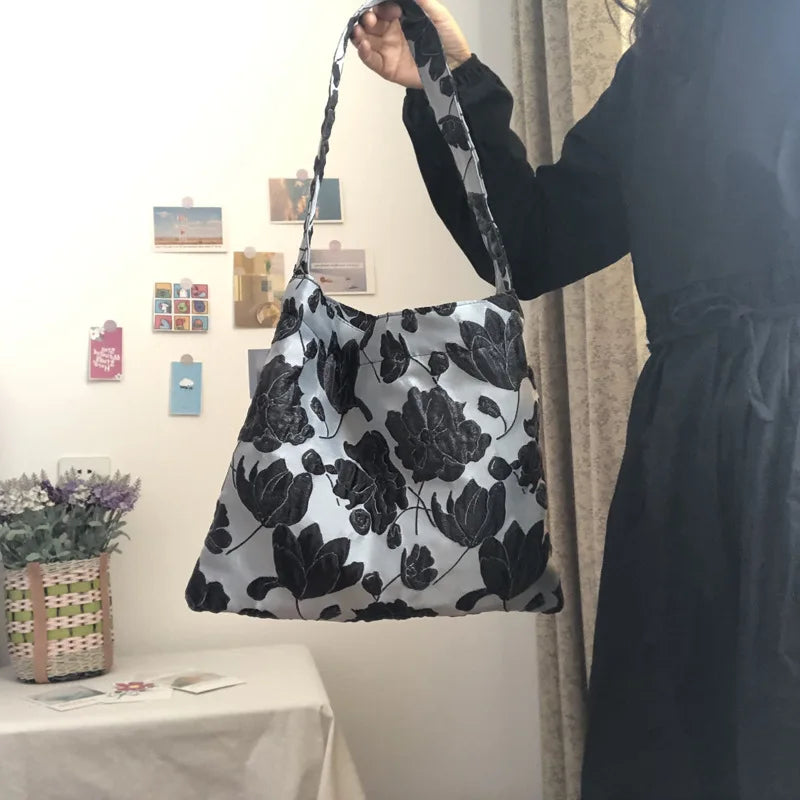 Gray Retro Flower All-match Shoulder Bag for Women