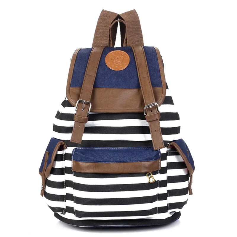 Female Striped Printing Canvas Backpack Student School Bag