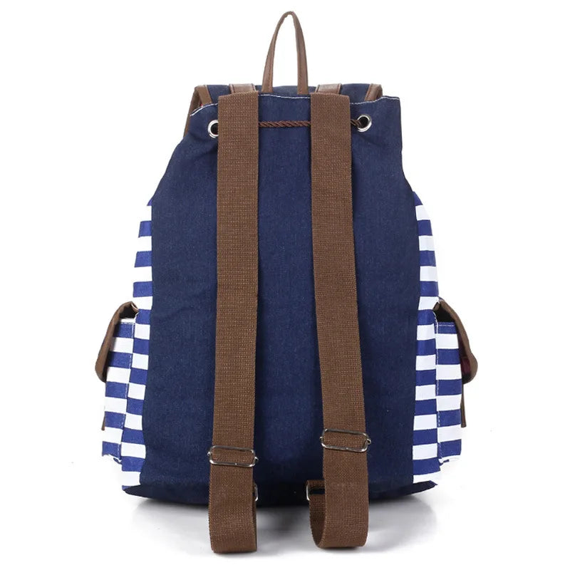 Female Striped Printing Canvas Backpack Student School Bag