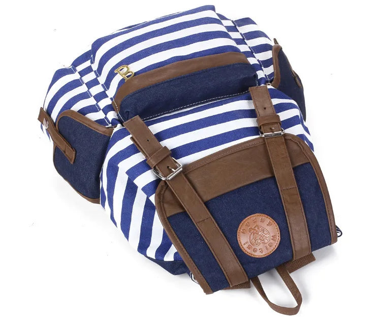 Female Striped Printing Canvas Backpack Student School Bag