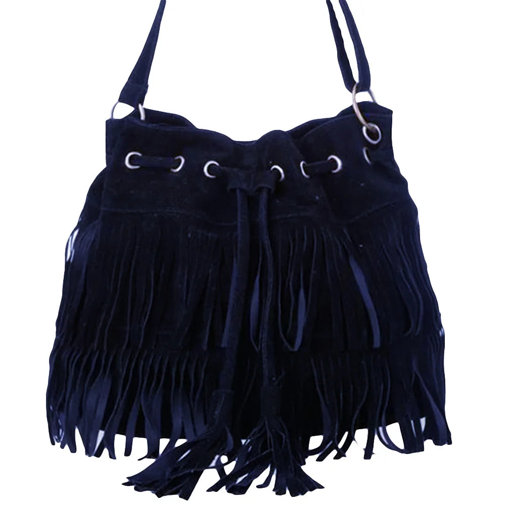Fringe Drawstring Suede Crossbody Bucket Bag for Women