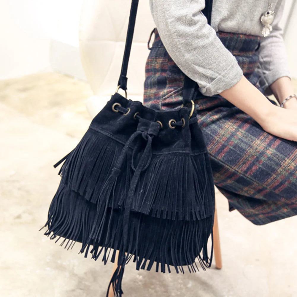 Fringe Drawstring Suede Crossbody Bucket Bag for Women