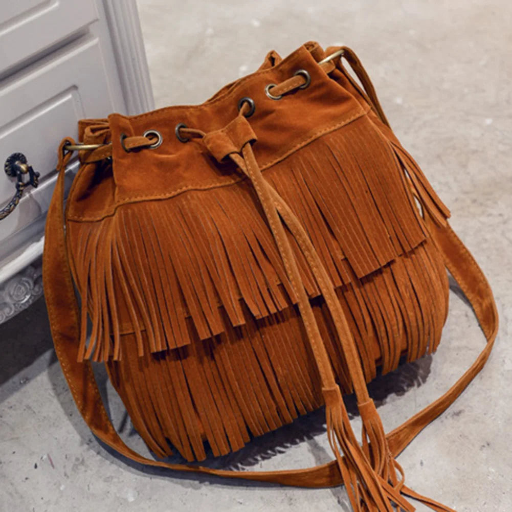 Fringe Drawstring Suede Crossbody Bucket Bag for Women