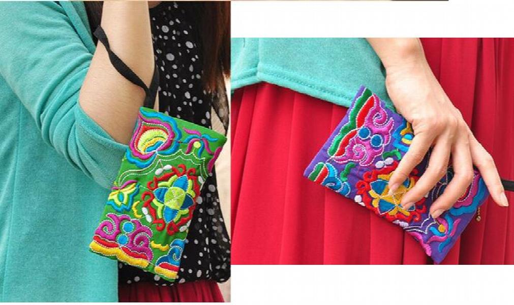 Ethnic Flowers Embroidery Women Long Wallet Clutch Handbag