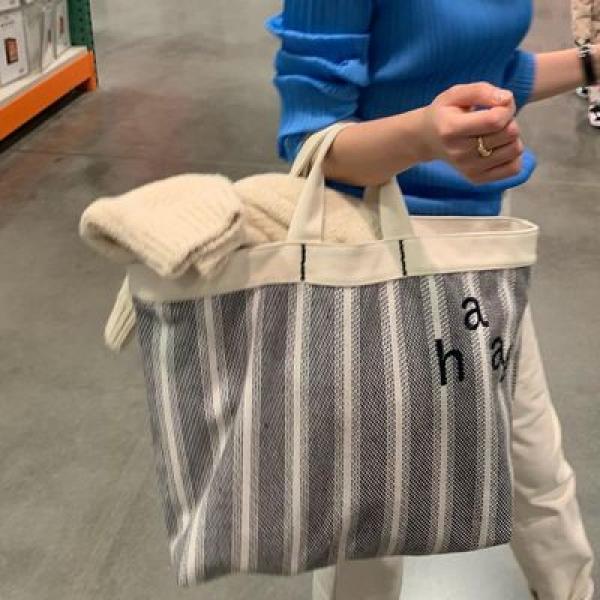 Striped Canvas Tote Bag - Large Capacity