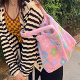 Winter Soft Plush Girls Floral Shoulder Bag Flower Women Faux Fur Casual Tote Ba