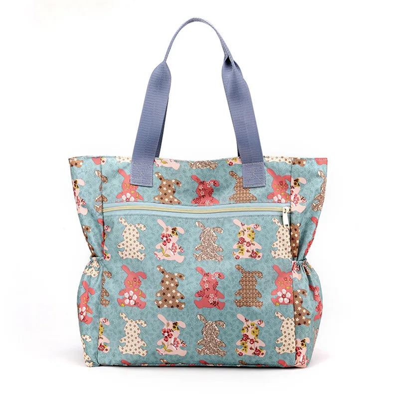 Floral Pattern Tote Bag Lightweight Nylon Beach Handbag Women's Shoulder Bag
