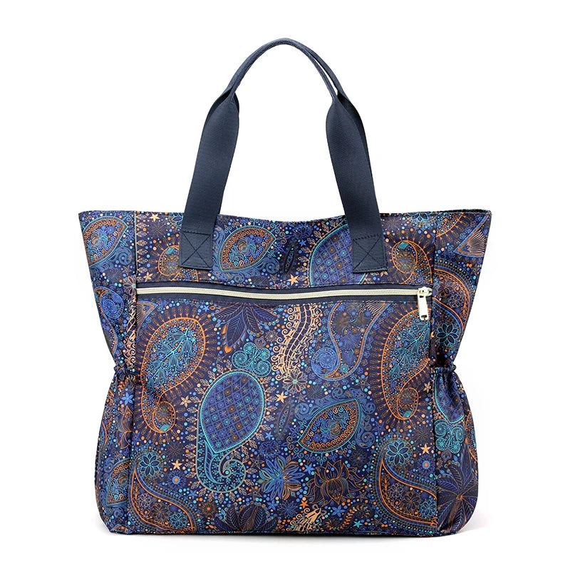 Floral Pattern Tote Bag Lightweight Nylon Beach Handbag Women's Shoulder Bag