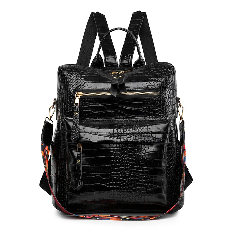 Crocodile Pattern Leather PU Backpack Large Capacity Travel Backpack