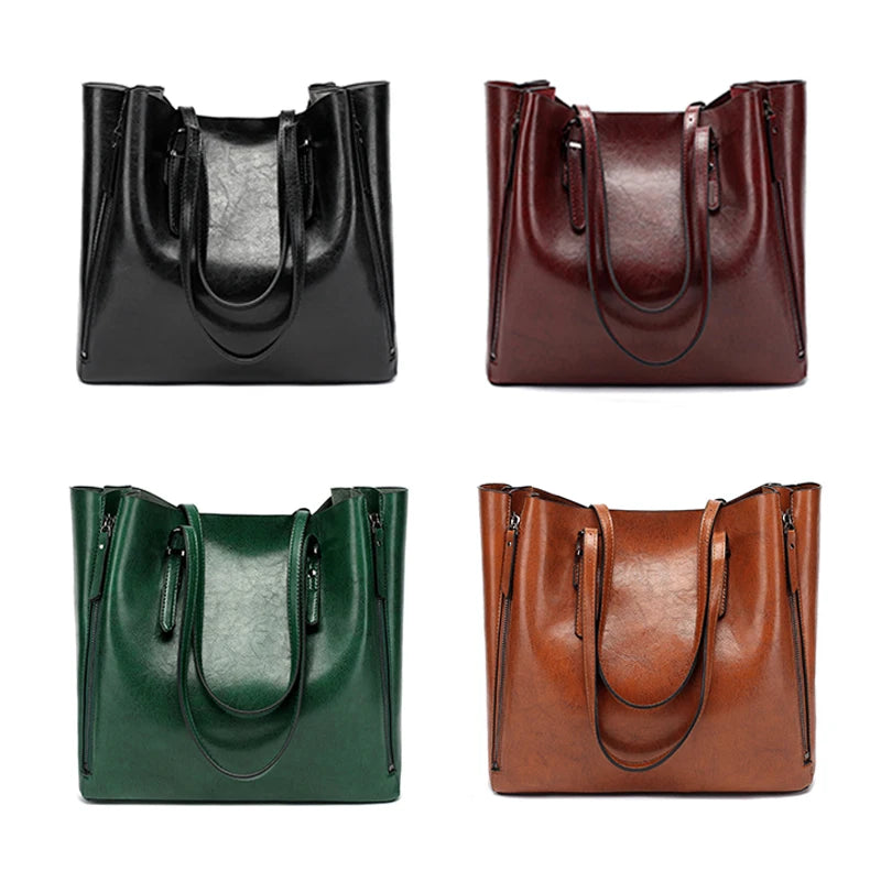 High Capacity Shoulder Bag Women's Oil Wax Leather Handbag