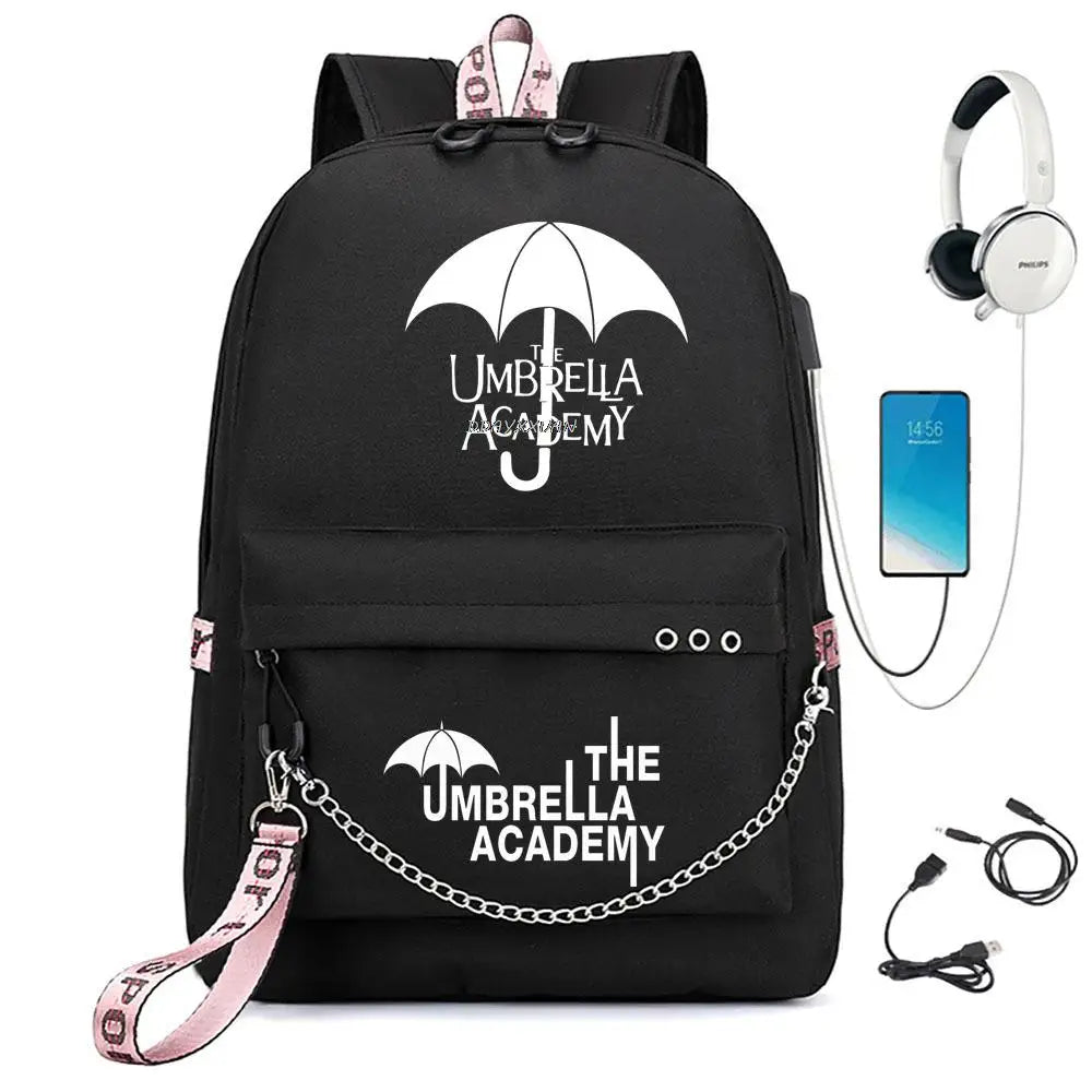 Umbrella Academy Backpack USB Charging Backpacks Female Male Chain Mochila