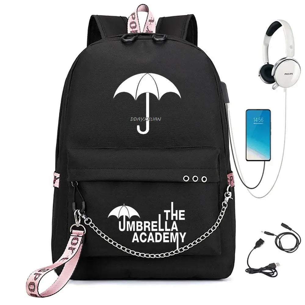Umbrella Academy Backpack USB Charging Backpacks Female Male Chain Mochila
