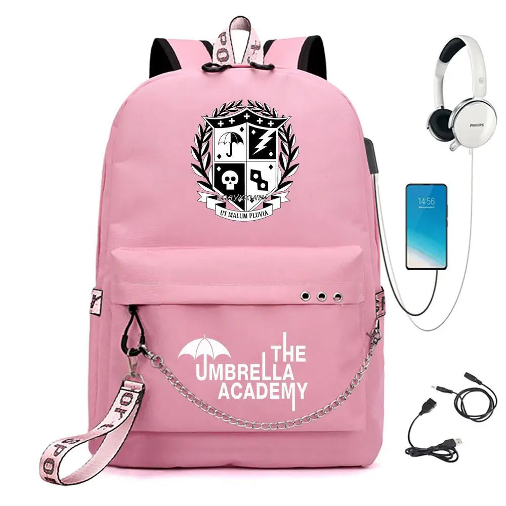 Umbrella Academy Backpack USB Charging Backpacks Female Male Chain Mochila