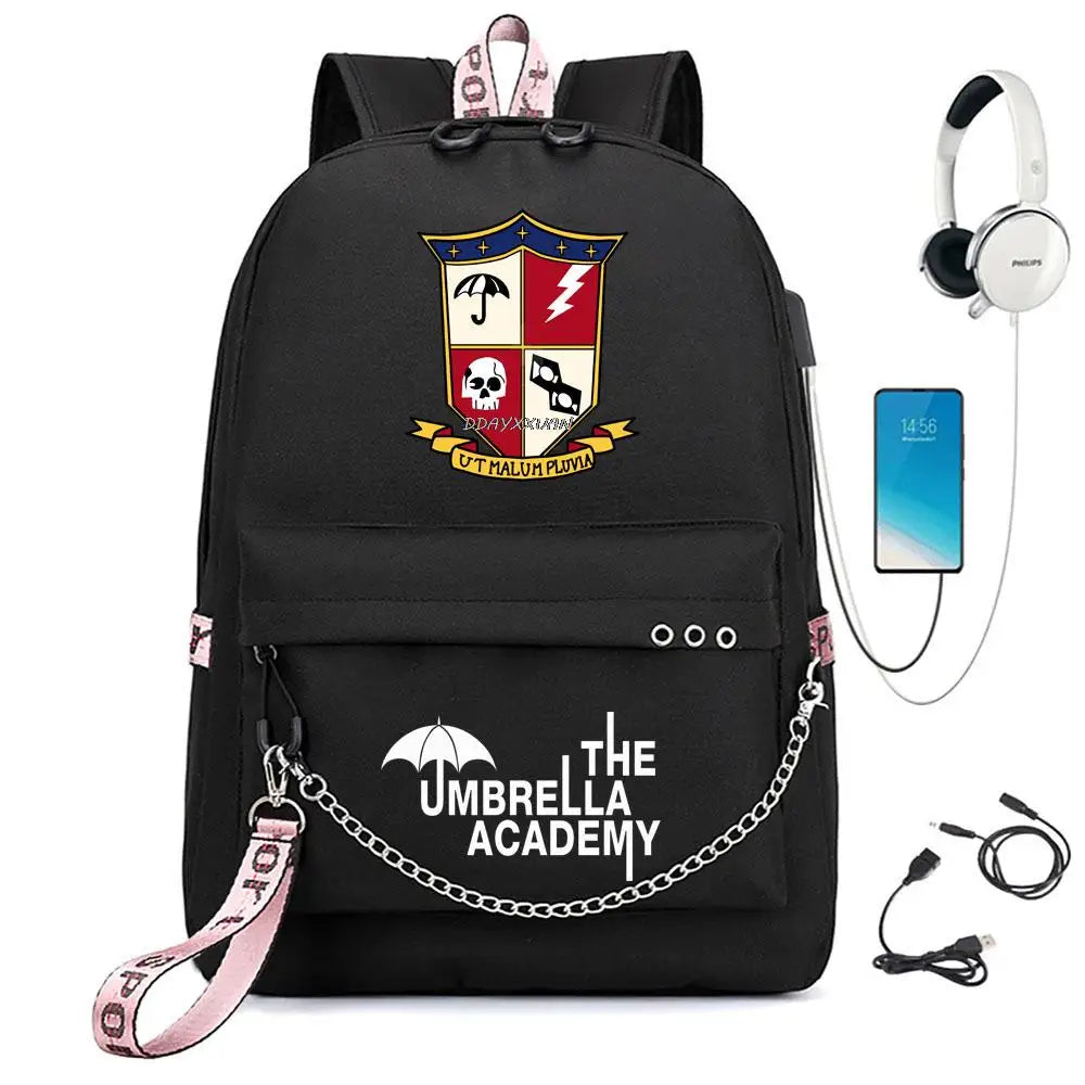Umbrella Academy Backpack Schoolbag Chain USB Charging