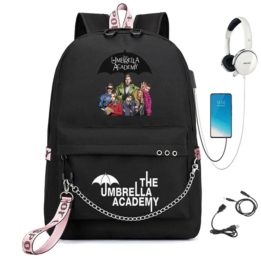 Umbrella Academy Backpack Schoolbag Chain USB Charging