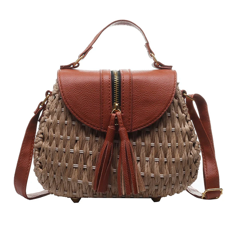 Vintage Tassel Saddle Rattan Women Shoulder Crossbody Bag