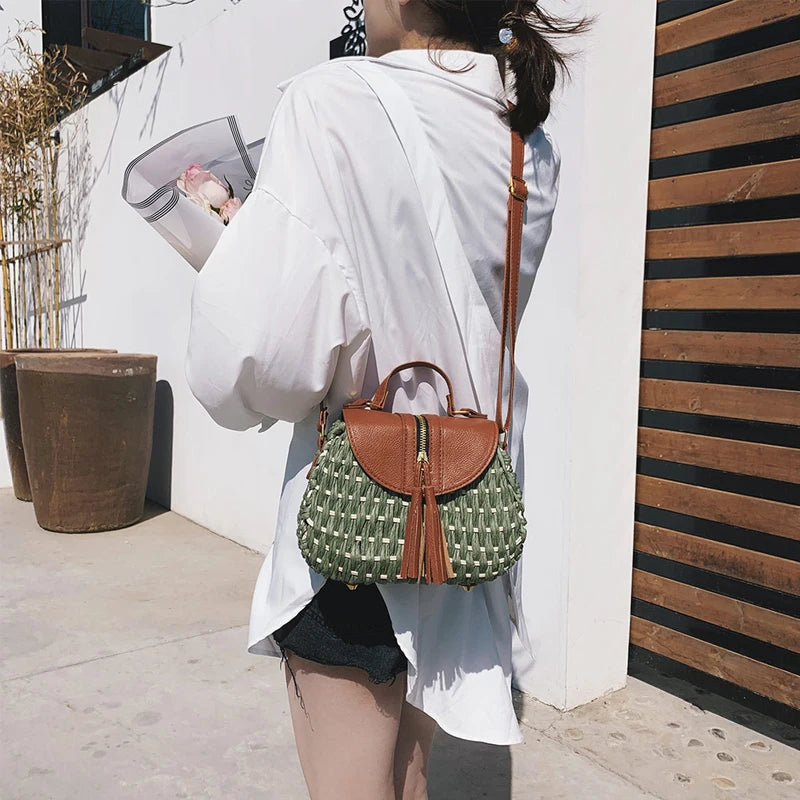 Vintage Tassel Saddle Rattan Women Shoulder Crossbody Bag