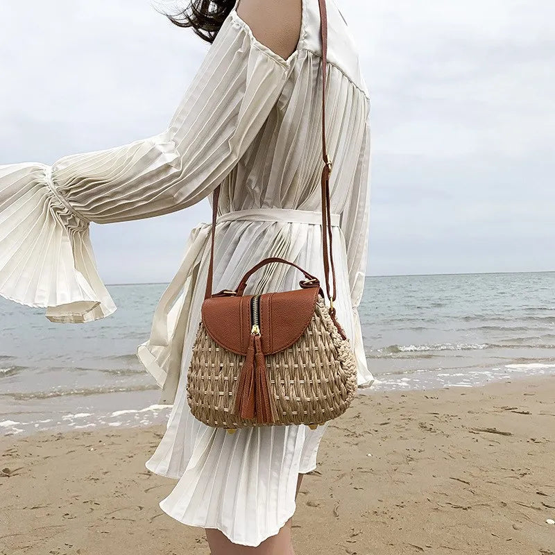 Vintage Tassel Saddle Rattan Women Shoulder Crossbody Bag