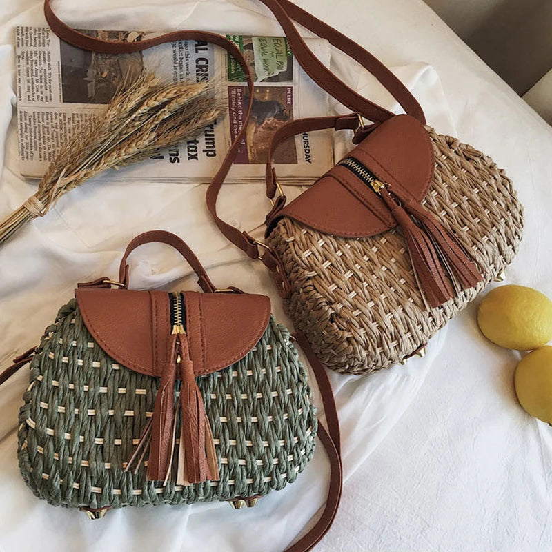 Vintage Tassel Saddle Rattan Women Shoulder Crossbody Bag