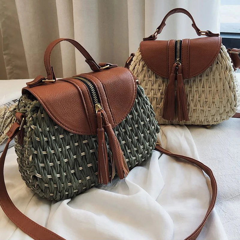 Vintage Tassel Saddle Rattan Women Shoulder Crossbody Bag