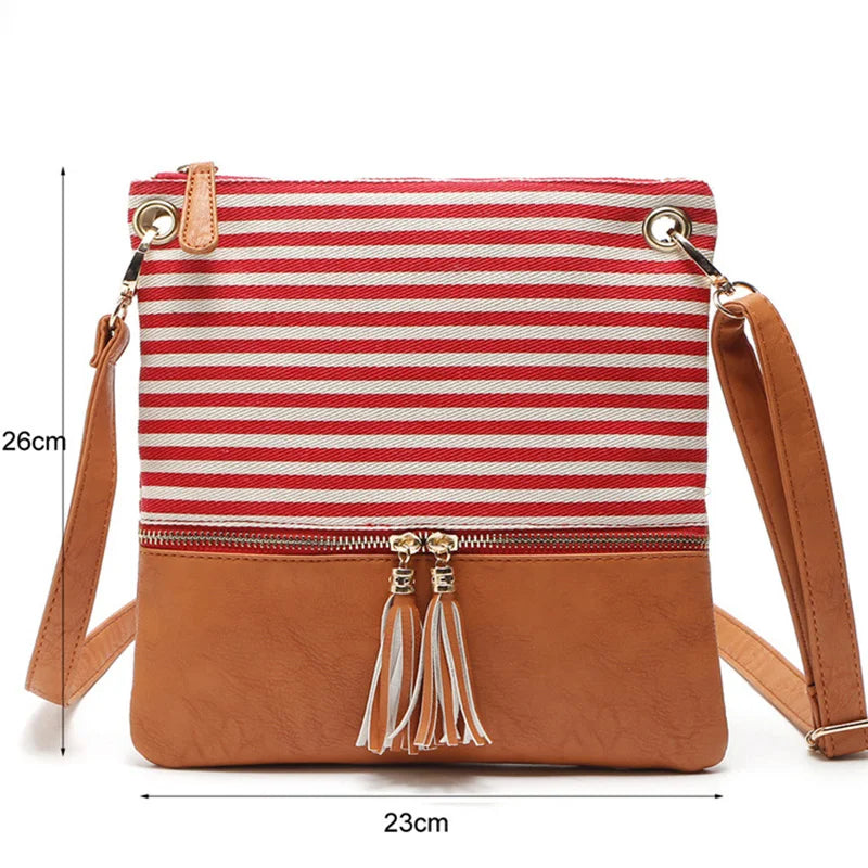 Striped Messenger Bag Tassel Canvas Shoulder Girls Flap