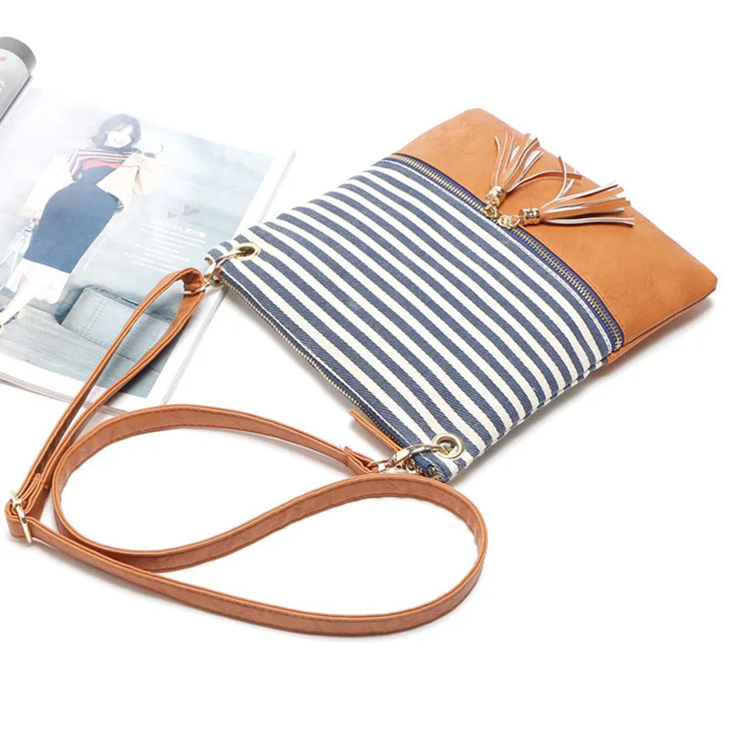 Striped Messenger Bag Tassel Canvas Shoulder Girls Flap