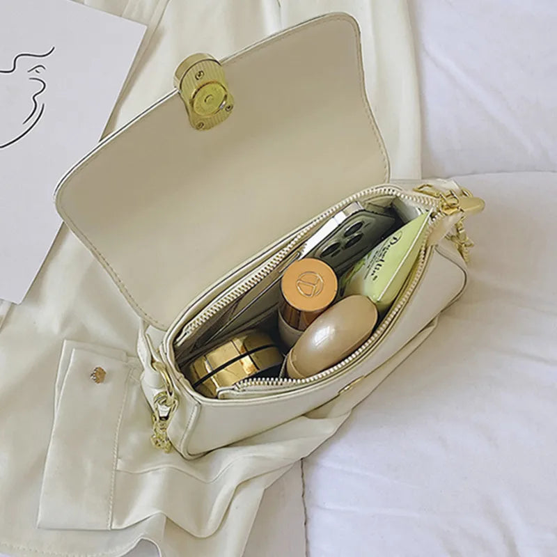 Brown Leather Crossbody Bag with Metal Chain - Casual Flap Handbag