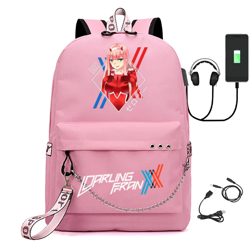 Zero Two USB Charging Travel Canvas Student Backpack Teen School Bag