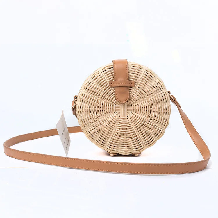 Hand Woven Round Rattan Bag for Women - Beach Bag