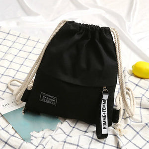 Canvas School Bag Double Shoulder Drawstring Backpack for Women Men
